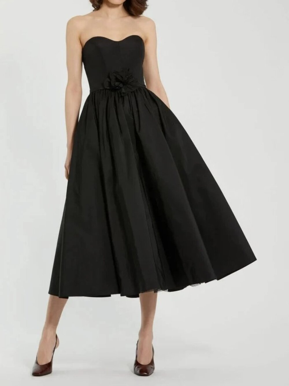 Mac Duggal Black Faille Strapless A Line Midi Dress With 3D Rose